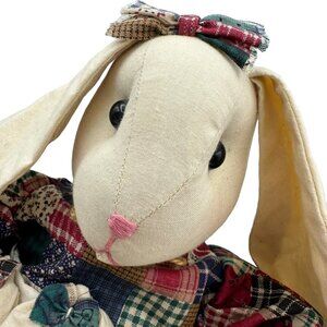 Handmade Patchwork Bunny Doll With Three Baby Bunnies In Apron 18" Plush Decor